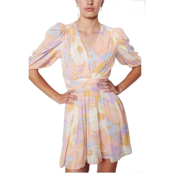 BA&SH Noam Dress Pastel Floral Short Sleeve Faux Wrap Mini Swing Dress Size Med - Picture 3 of 10